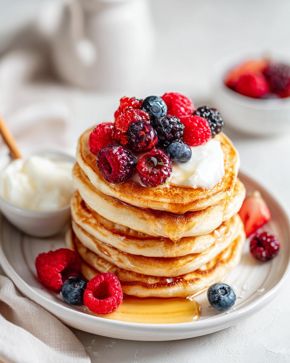 A tall stack of fluffy pancakes topped with mixed berries and yogurt, drizzled with syrup, perfect for a Breakfast Board Easy.