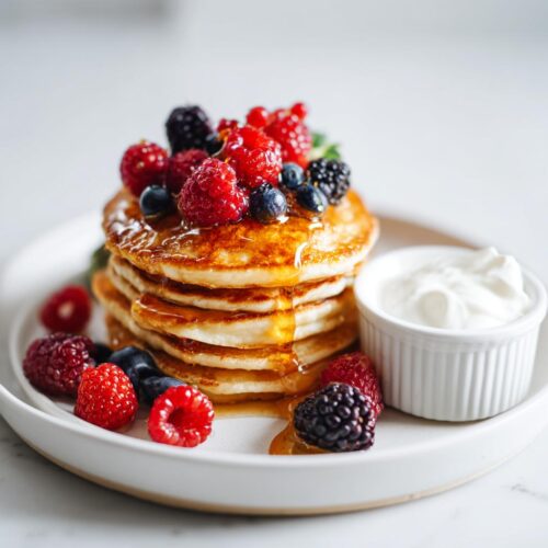 A stack of fluffy pancakes drizzled with syrup and topped with mixed berries, perfect for a Breakfast Board Easy.