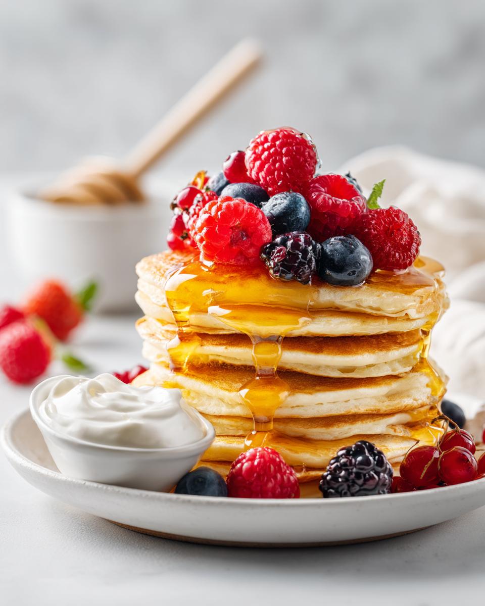 A tall stack of fluffy pancakes drizzled with honey and topped with fresh mixed berries, perfect for a Breakfast Board Easy.
