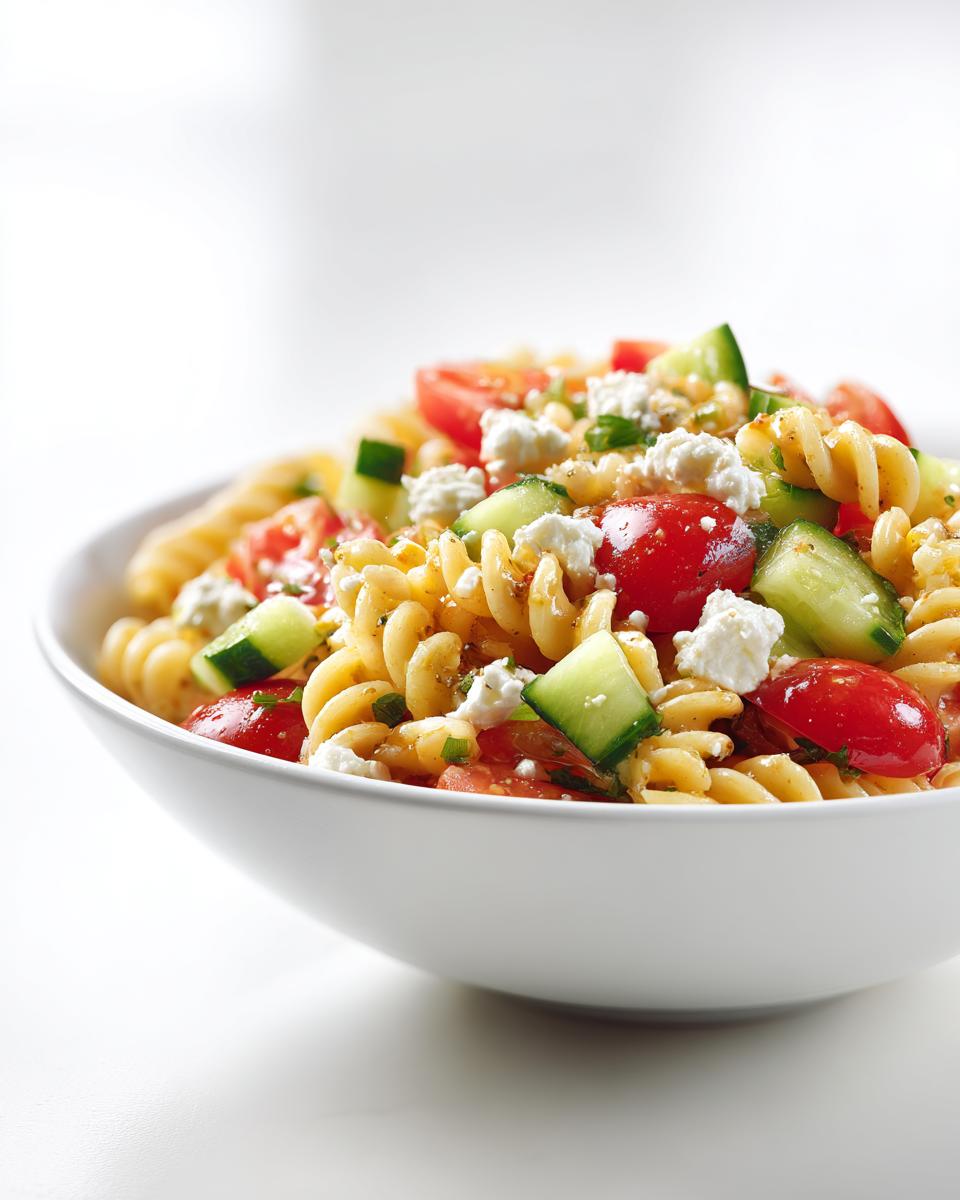 Close-up of a white bowl filled with Pasta Salad Picnic Style, featuring fusilli, cherry tomatoes, cucumber chunks, and feta cheese.