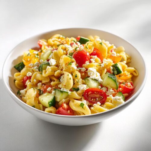 A close-up of a white bowl filled with Pasta Salad Picnic Style, featuring pasta, chopped cucumbers, cherry tomatoes, and feta cheese.