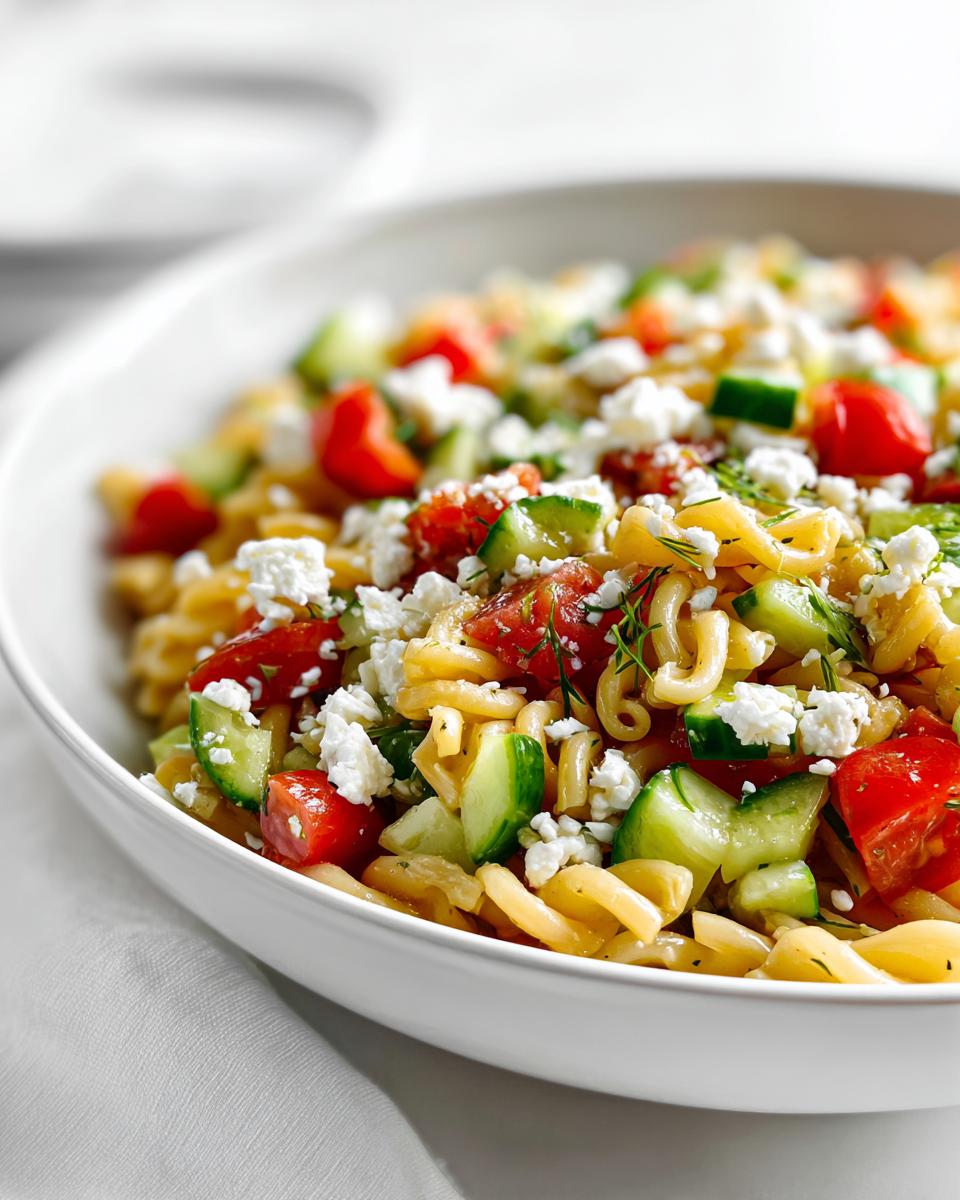 Close-up of Pasta Salad Picnic Style featuring rotini pasta, cucumbers, tomatoes, and feta cheese in a white bowl.