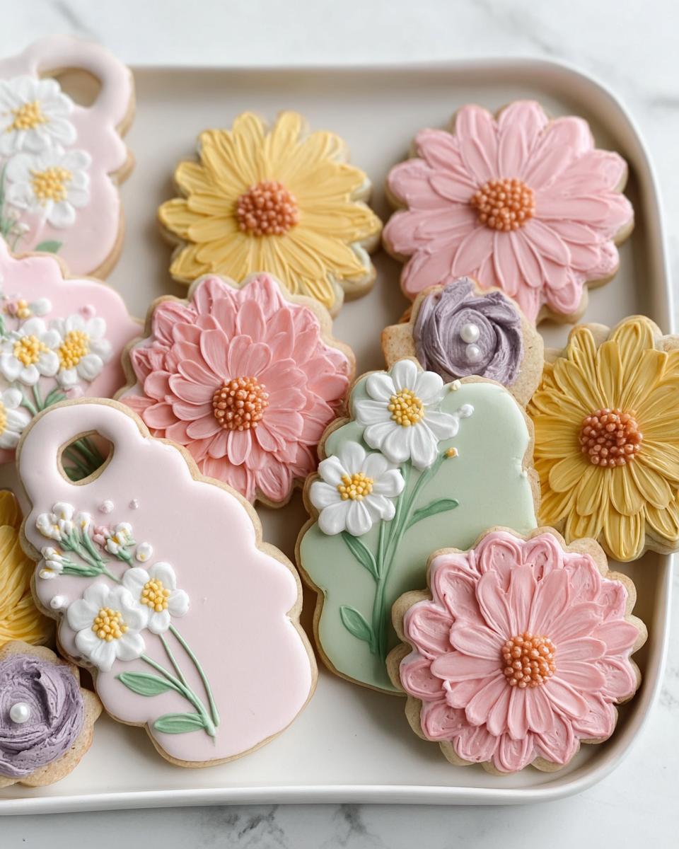 A close-up of assorted Pastel Flower Baby Shower Cookies decorated with pink, yellow, white, and green icing.