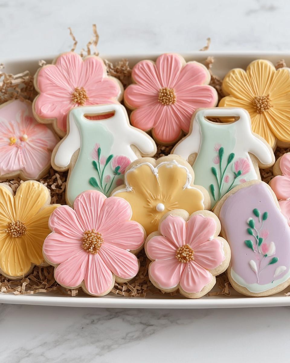 A platter of beautifully decorated Pastel Flower Baby Shower Cookies in pink, yellow, and lavender, mixed with baby dress-shaped cookies.