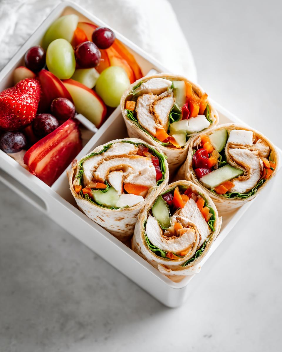 Four sliced Picnic Chicken Wrap Box portions filled with chicken and vegetables, next to fresh fruit in a white container.