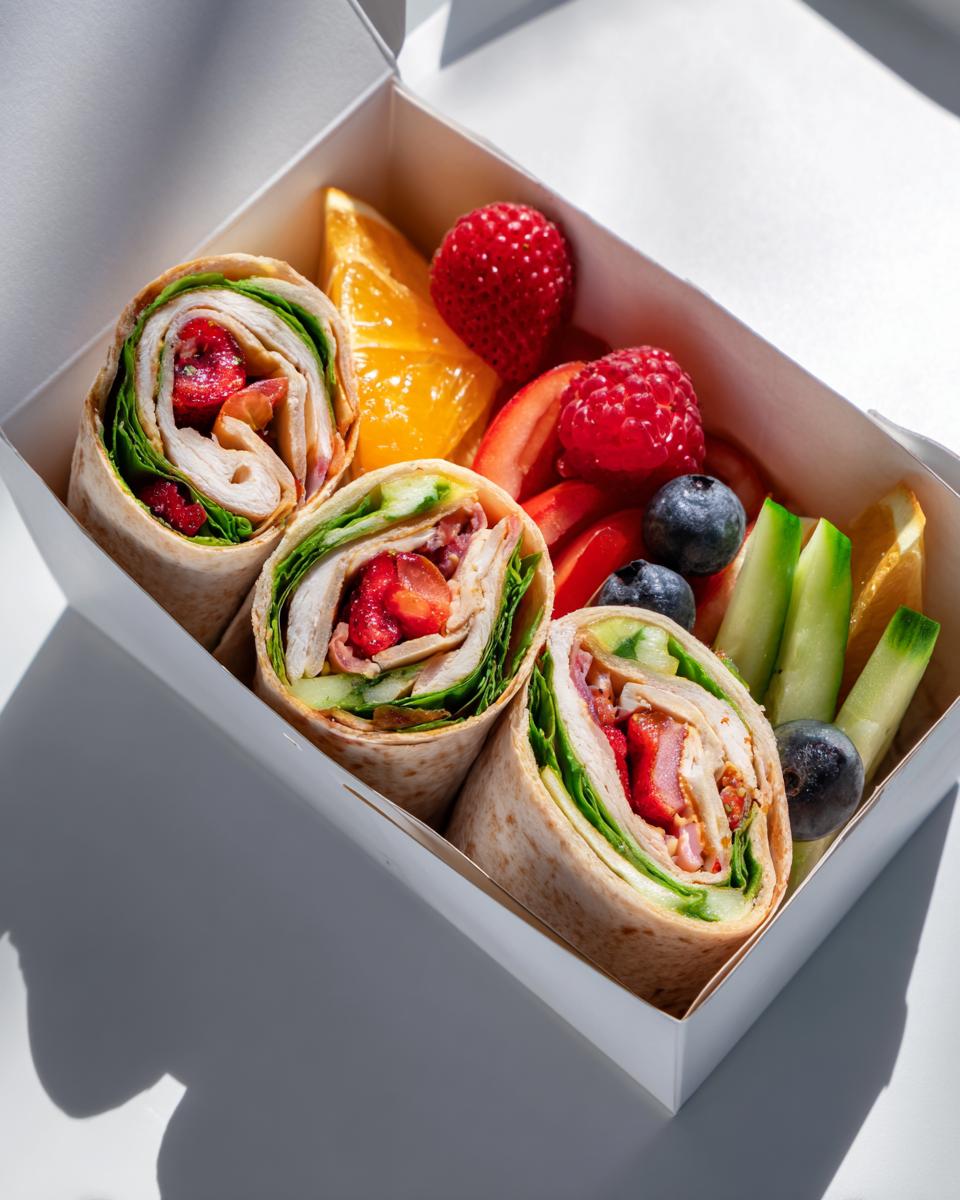 Three rolled Picnic Chicken Wrap Box halves packed with chicken, lettuce, and red filling, served alongside fresh berries and cucumber sticks.