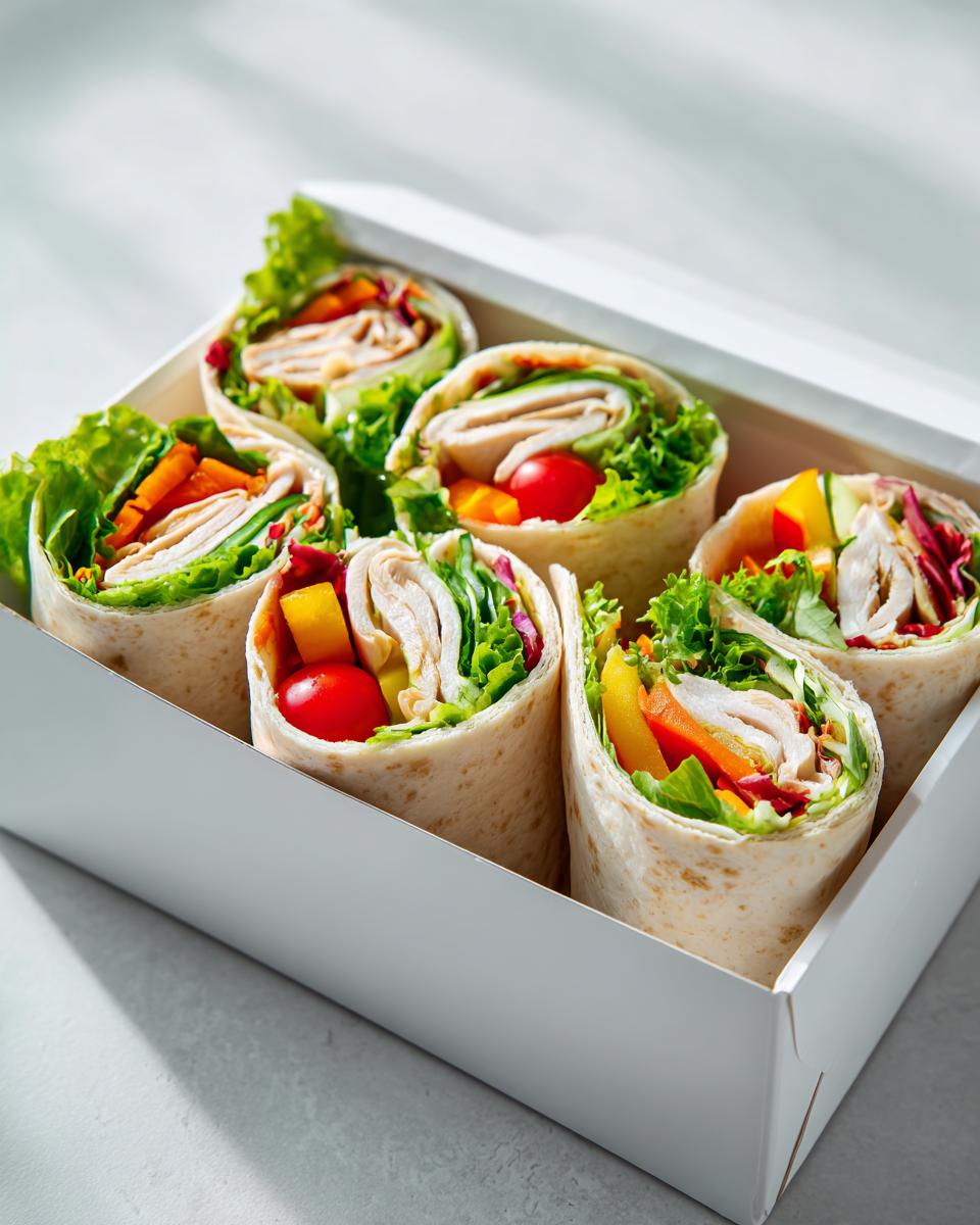 Six vertically cut chicken wraps filled with turkey, lettuce, peppers, and tomatoes, packed neatly in a white Picnic Chicken Wrap Box.