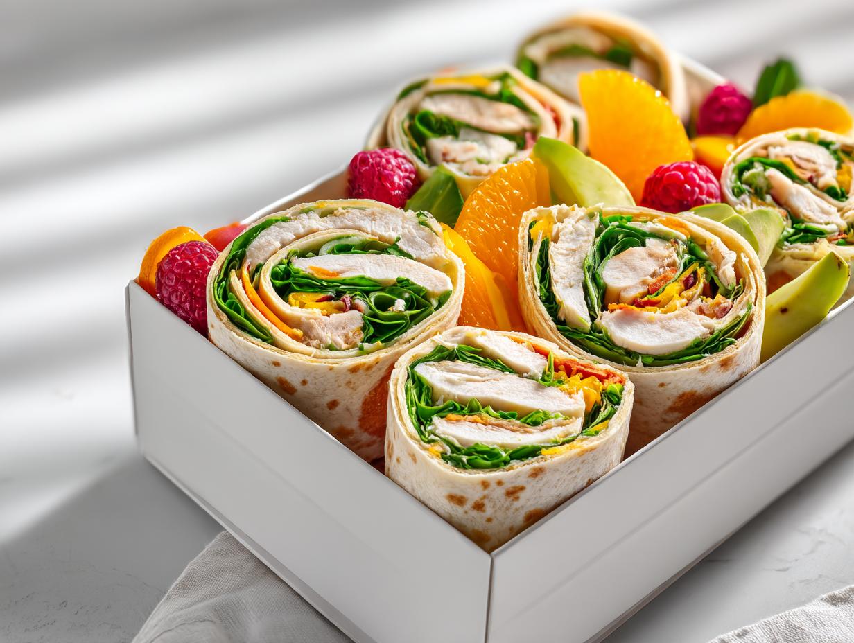 Close-up of sliced Picnic Chicken Wrap Box pinwheels filled with chicken, greens, and cheese, packed with orange slices and raspberries.