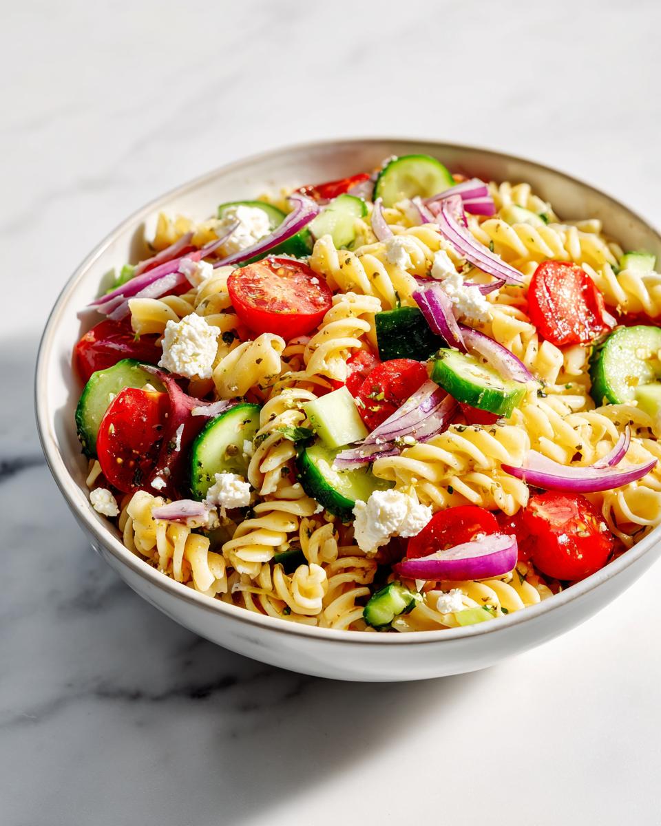 Close-up of a bowl of Picnic Pasta Salad featuring rotini, cucumbers, tomatoes, red onion, and feta cheese.