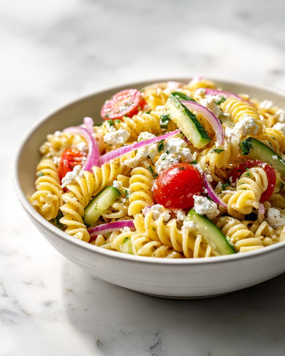 Close-up of a bowl of Picnic Pasta Salad featuring rotini pasta, cherry tomatoes, cucumber, red onion, and feta cheese.