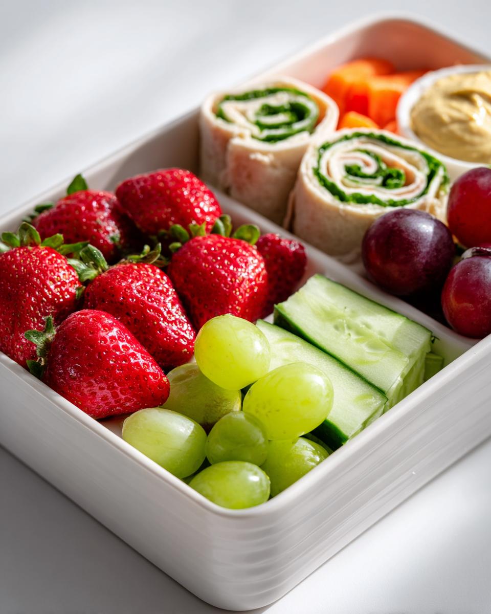 A close-up of a section of a bento box featuring fresh strawberries, green grapes, cucumber sticks, and tortilla roll-ups, perfect for Picnic Snack Box Ideas.