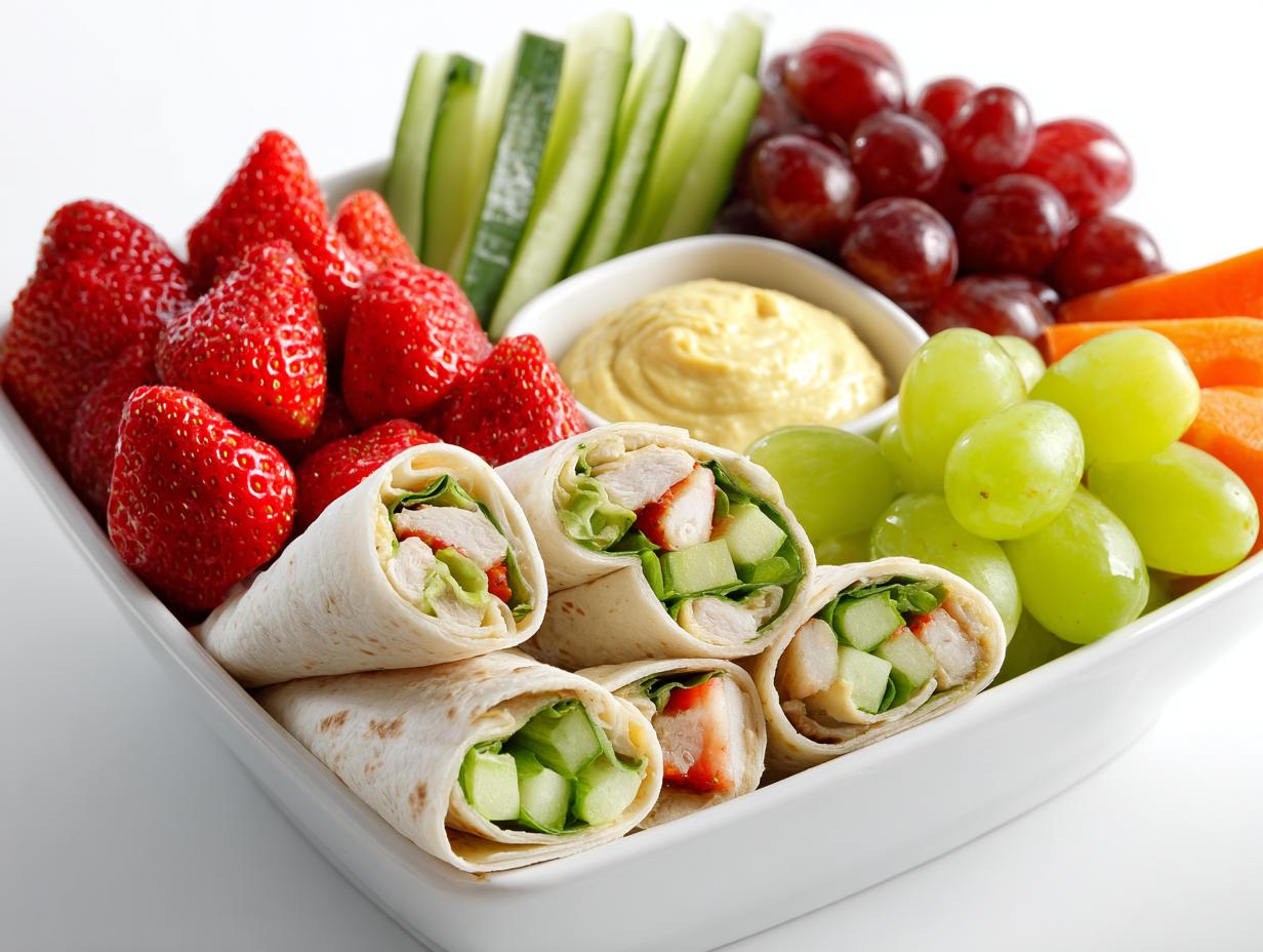 A white dish filled with chicken wraps, strawberries, grapes, cucumber sticks, and hummus, perfect for Picnic Snack Box Ideas.