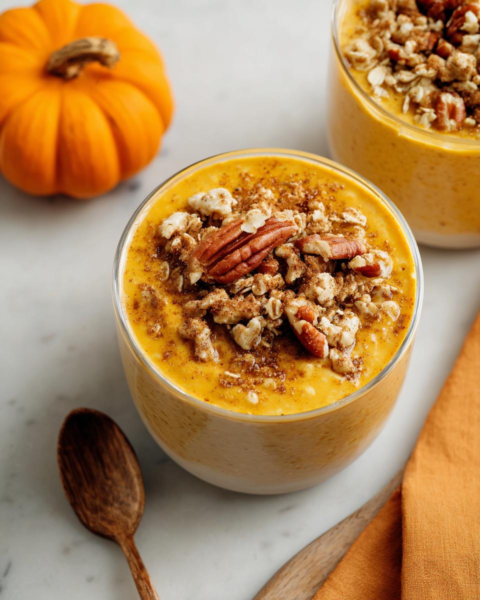 A glass of creamy Pumpkin Pie Overnight Oats topped with granola, cinnamon, and a whole pecan.