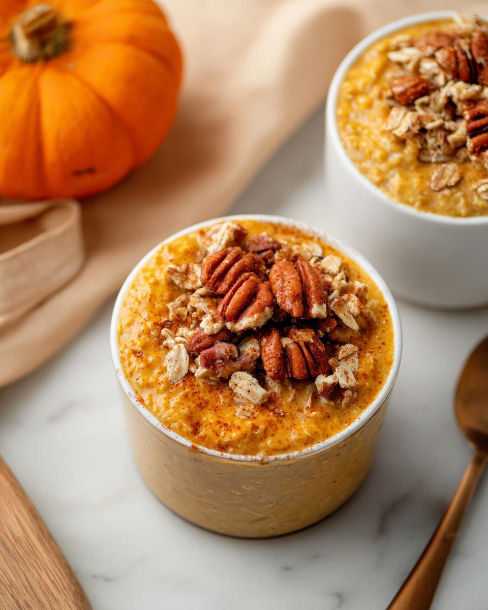 A close-up of Pumpkin Pie Overnight Oats topped with pecans and oats, with a small pumpkin in the background.