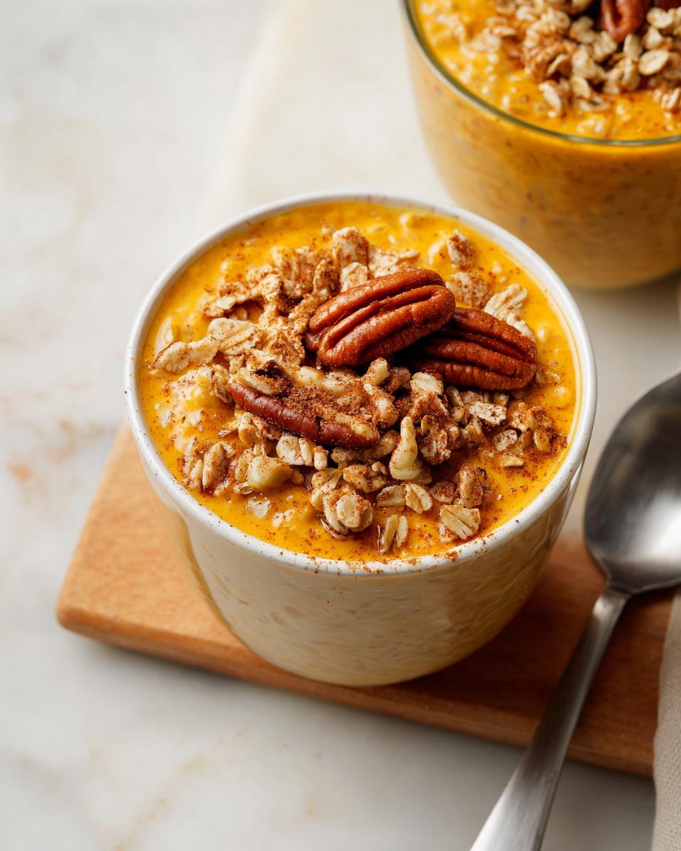 A close-up of a bowl of vibrant orange Pumpkin Pie Overnight Oats topped with oats, cinnamon, and whole pecans.