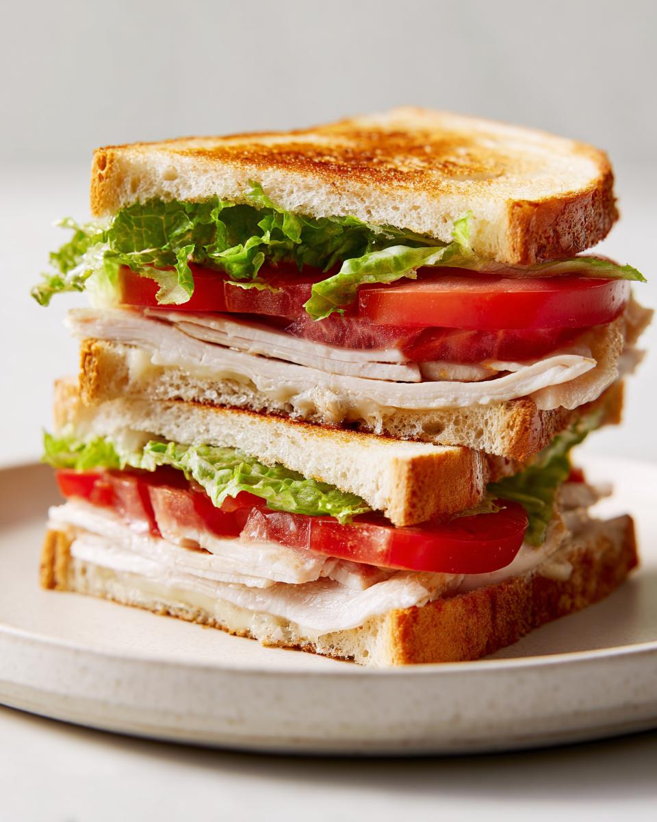 Tall, stacked Chicken Sandwich Picnic featuring toasted bread, sliced chicken, tomato, and lettuce on a light plate.