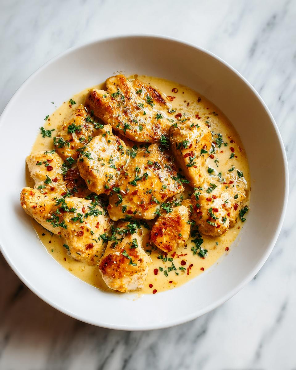 Top-down view of seared chicken pieces coated in a creamy sauce, garnished with parsley, ready for a Quick Chicken Skillet Dinner.