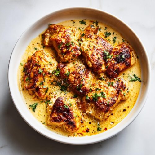Top-down view of seared chicken thighs in a rich, creamy sauce, perfect for a Quick Chicken Skillet Dinner.