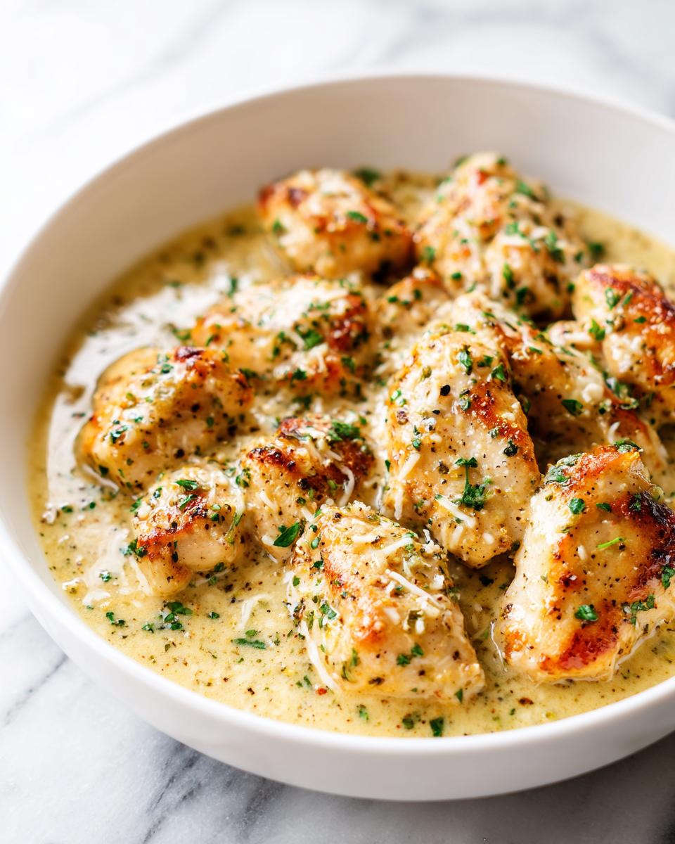 Close-up of seared chicken pieces covered in a creamy garlic sauce, topped with Parmesan and parsley for a Quick Chicken Skillet Dinner.