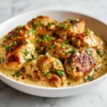 Several pieces of seared chicken thighs swimming in a creamy sauce, garnished with fresh parsley, ready for a Quick Chicken Skillet Dinner.