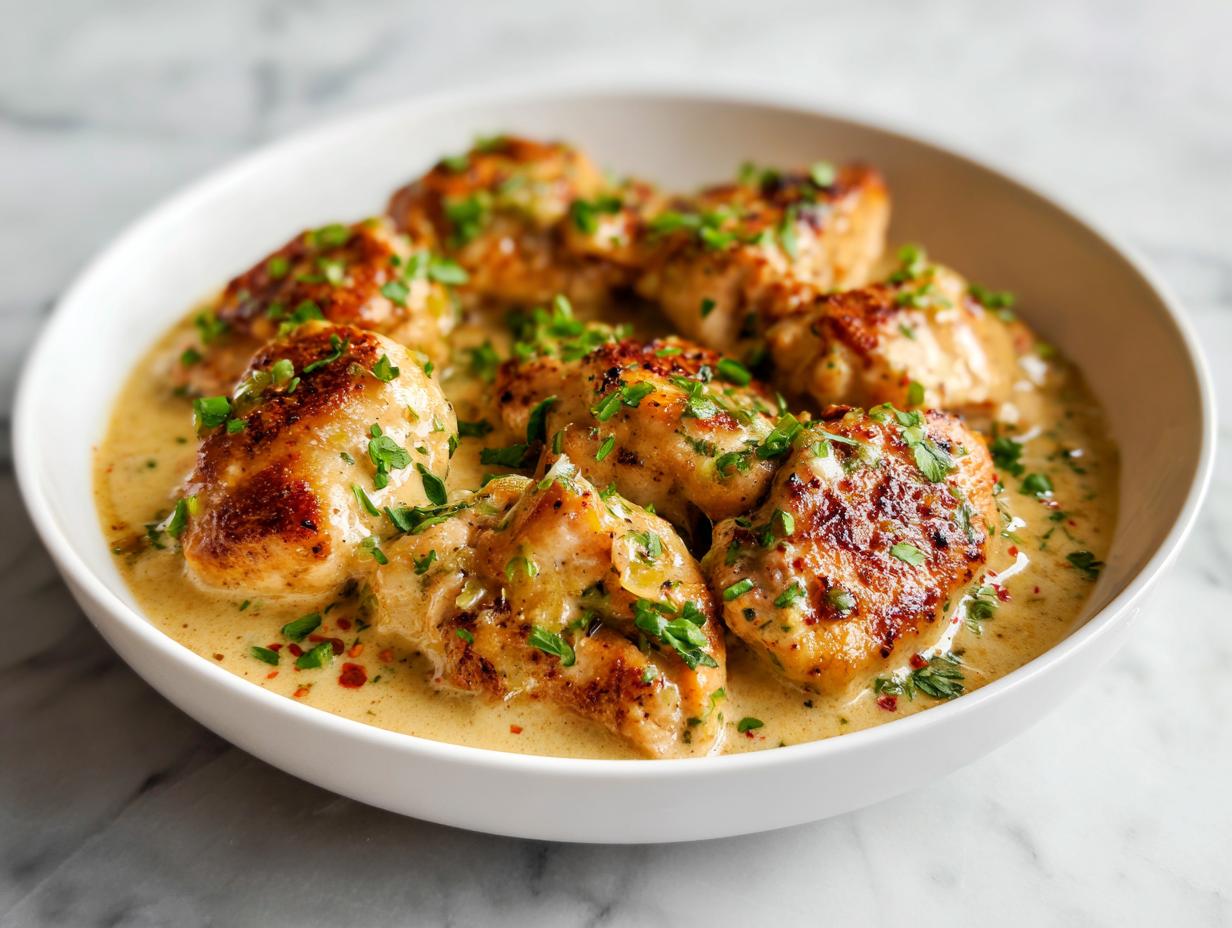 Several pieces of seared chicken thighs swimming in a creamy sauce, garnished with fresh parsley, ready for a Quick Chicken Skillet Dinner.