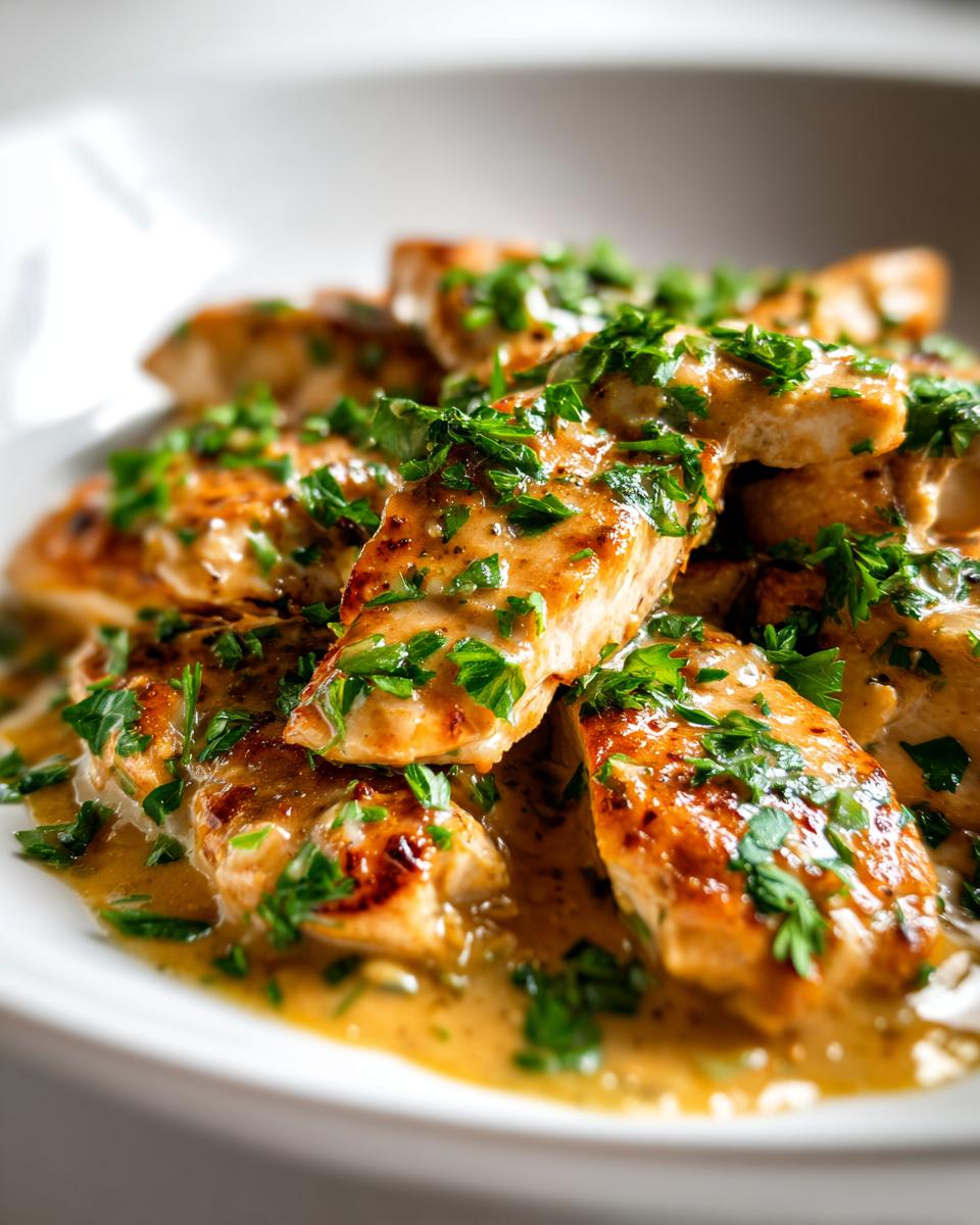 Close-up of seared chicken pieces smothered in a creamy sauce and topped with fresh parsley, perfect for a Quick Chicken Skillet Summer meal.