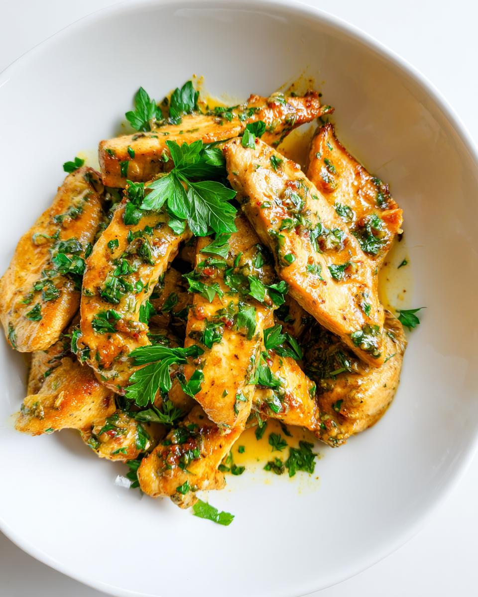 Close-up of golden brown chicken strips tossed in a bright herb sauce served in a white bowl, perfect for a Quick Chicken Skillet Summer meal.