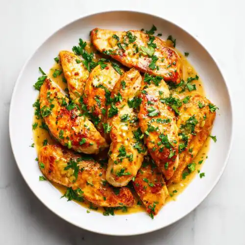 Top-down view of golden brown chicken tenders in a white bowl covered in lemon butter sauce and fresh parsley, perfect for a Quick Chicken Skillet Summer meal.