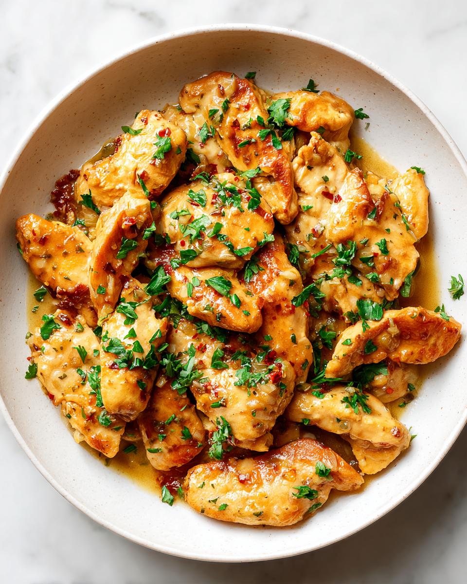 Overhead view of tender chicken pieces coated in a light sauce and garnished with fresh parsley, perfect for a Quick Chicken Skillet Summer meal.