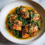Close-up of pan-seared chicken thighs served with wilted spinach in a bright, herby sauce, perfect for 20 Minute Summer Dinner Ideas.