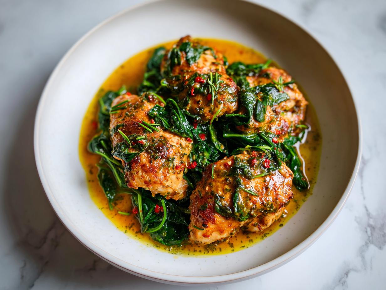 Close-up of pan-seared chicken thighs served with wilted spinach in a bright, herby sauce, perfect for 20 Minute Summer Dinner Ideas.