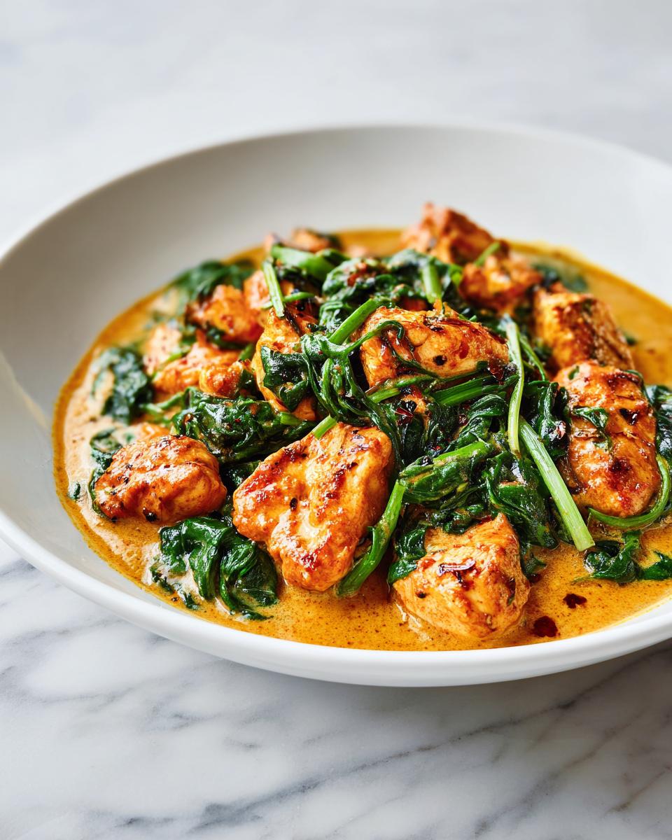 Close-up of seared chicken pieces in a creamy, orange sauce with wilted spinach, perfect for 20 Minute Summer Dinner Ideas.