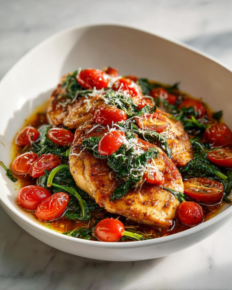 Pan-seared chicken breasts topped with wilted spinach, halved cherry tomatoes, and grated Parmesan, part of Easy Summer Dinner Recipes Chicken.