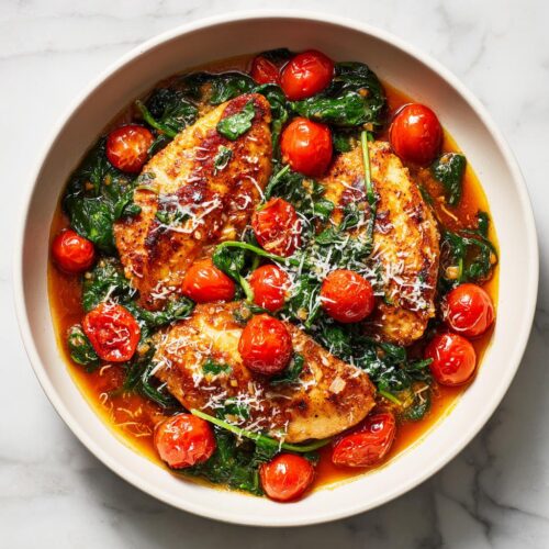Seared chicken breasts served with wilted spinach, blistered cherry tomatoes, and grated cheese—perfect for Easy Summer Dinner Recipes Chicken.