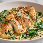 Sliced pan-seared chicken breast served over creamy spinach, perfect for Summer Dinner Ideas Quick.