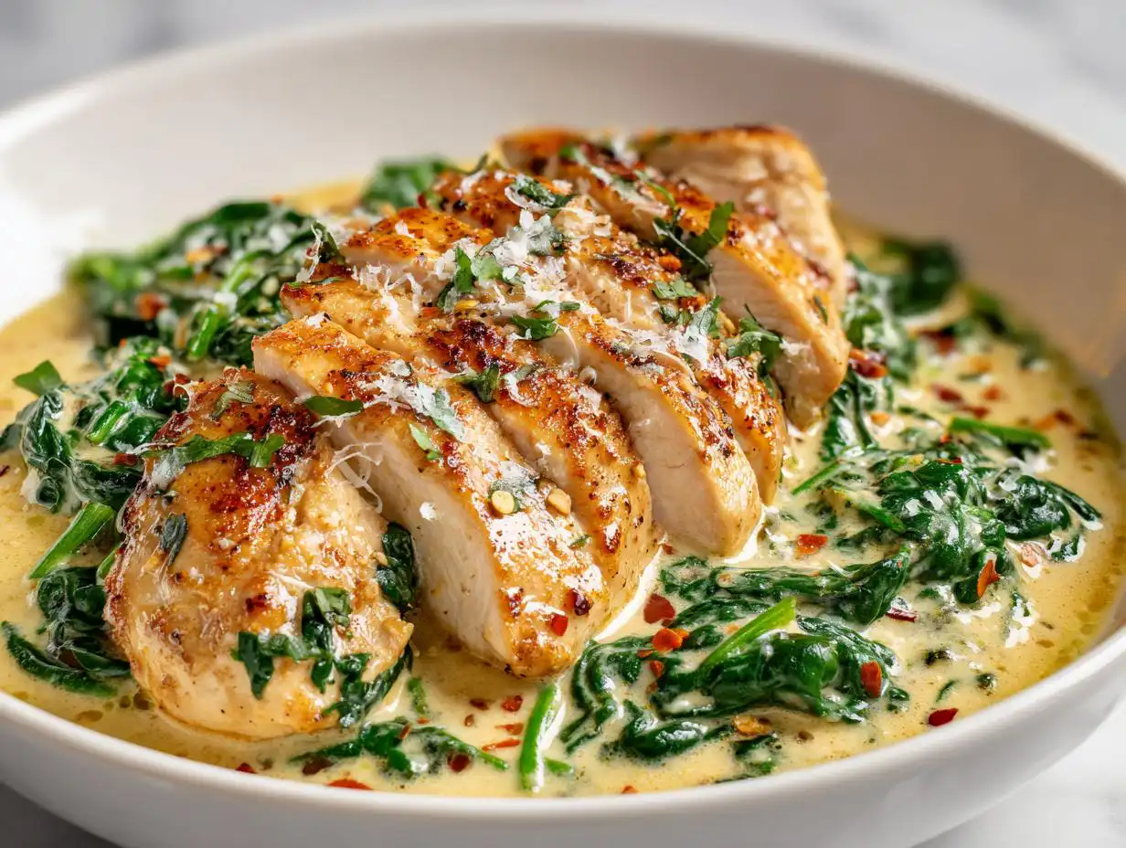 Sliced pan-seared chicken breast served over creamy spinach, perfect for Summer Dinner Ideas Quick.