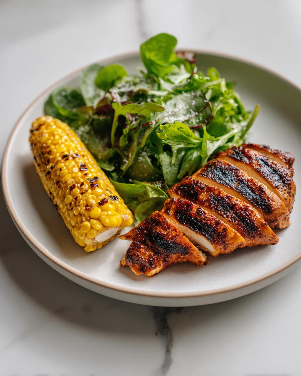 A plate featuring sliced Grilled Chicken Summer Plate, a grilled corn cob, and a side salad.