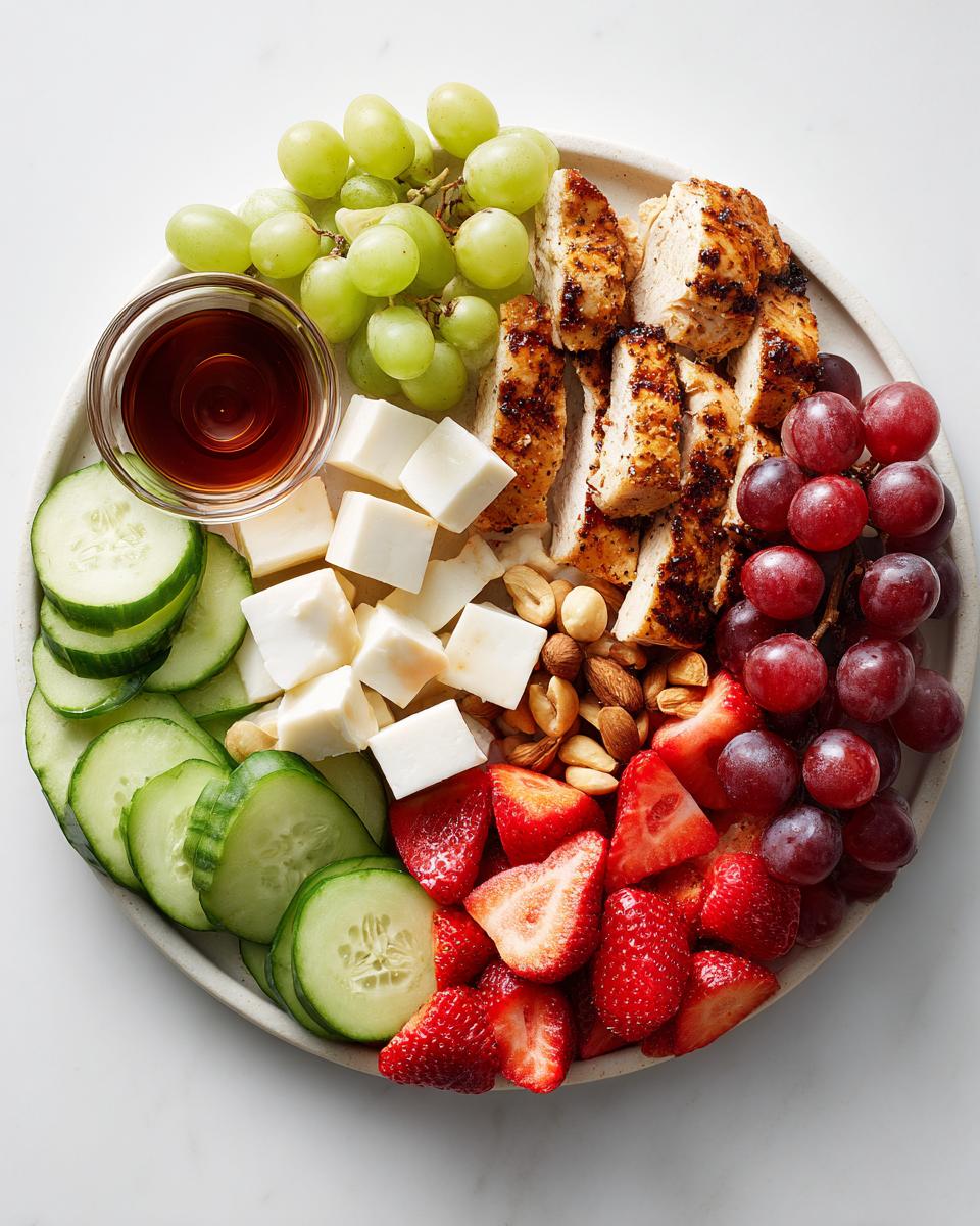 Overhead view of a colorful Picnic Food Board featuring grilled chicken, cheese cubes, cucumbers, strawberries, and grapes.
