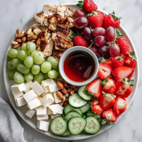 Overhead view of a balanced Picnic Food Board featuring grilled chicken, cheese cubes, grapes, strawberries, and cucumbers.