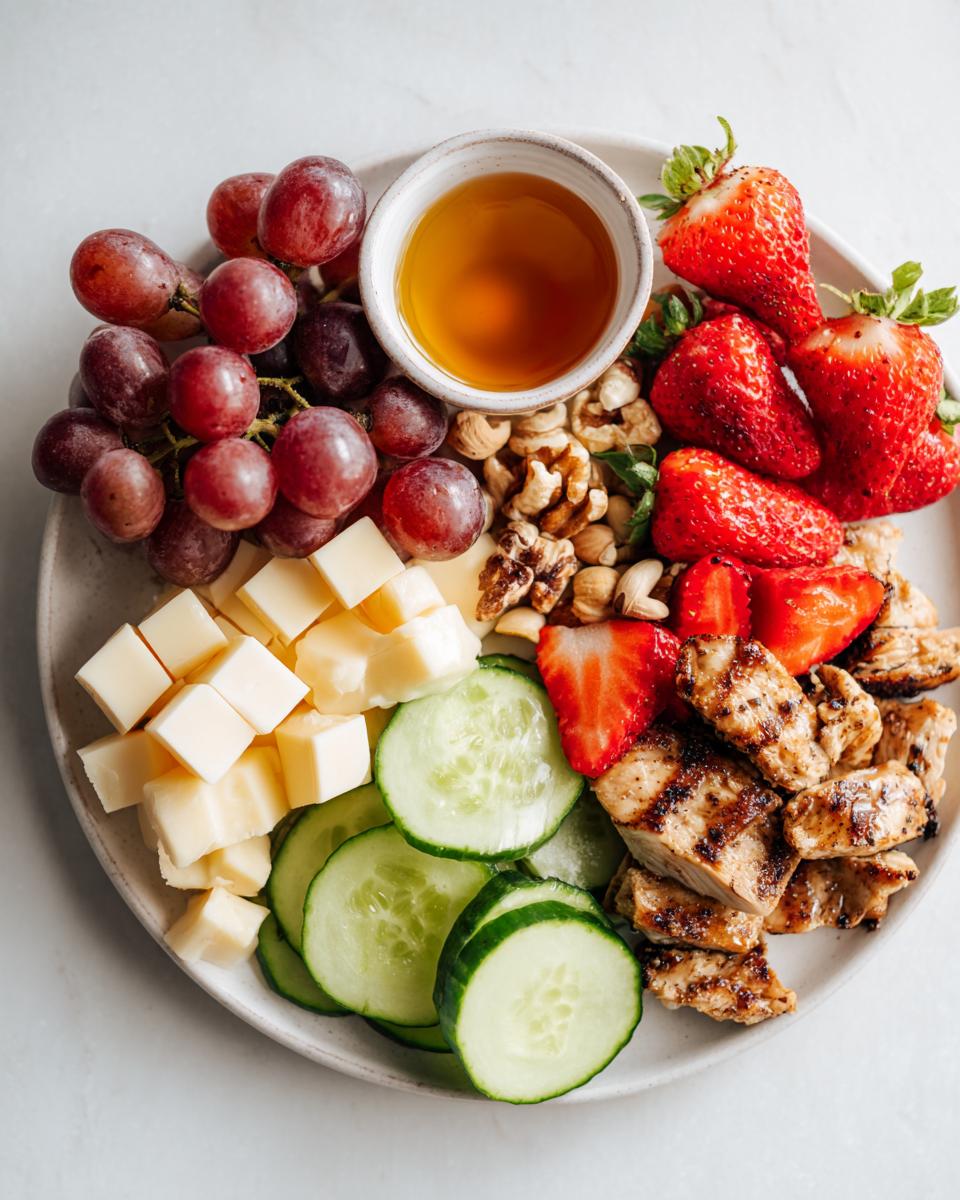 Overhead view of a small Picnic Food Board featuring grilled chicken, cheese cubes, grapes, strawberries, and honey.