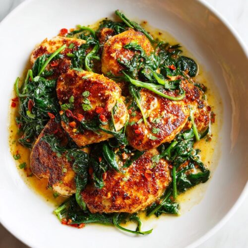 Close-up of pan-seared chicken breasts served over wilted spinach in a buttery sauce, perfect for 20 Minute Summer Dinner Ideas.