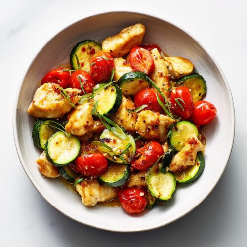 A bowl of Quick Summer Chicken Skillet featuring golden chicken pieces, bright red cherry tomatoes, and sliced zucchini.