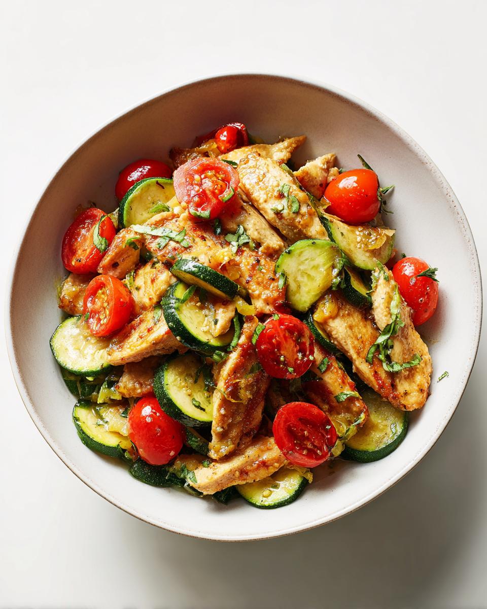 Close-up of a bowl filled with Quick Summer Chicken Skillet featuring sliced chicken, zucchini rounds, and halved cherry tomatoes.