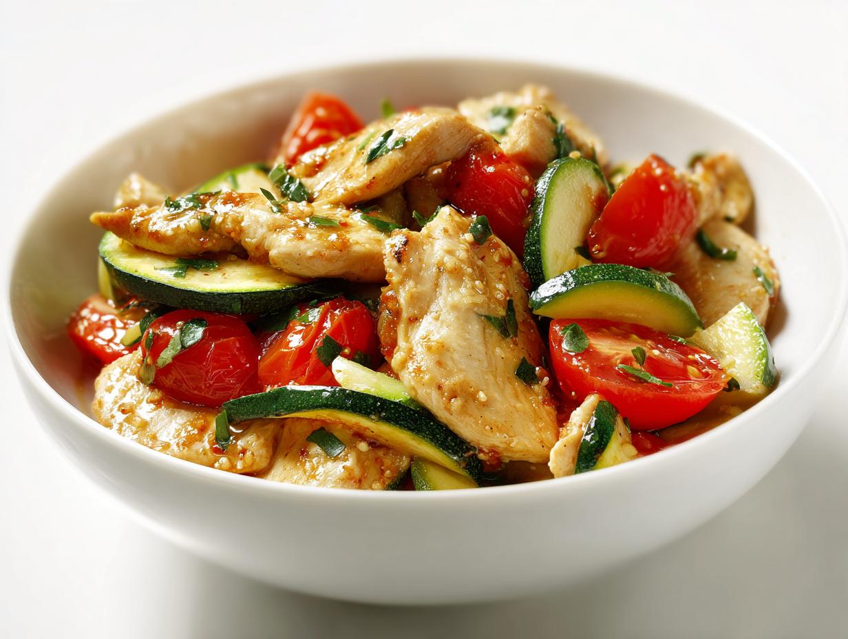 Close-up of a white bowl filled with Quick Summer Chicken Skillet, featuring sliced chicken, zucchini, and cherry tomatoes.