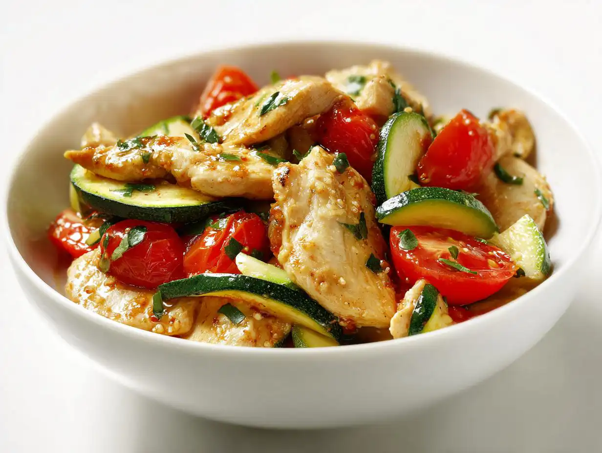 Close-up of a white bowl filled with Quick Summer Chicken Skillet, featuring sliced chicken, zucchini, and cherry tomatoes.