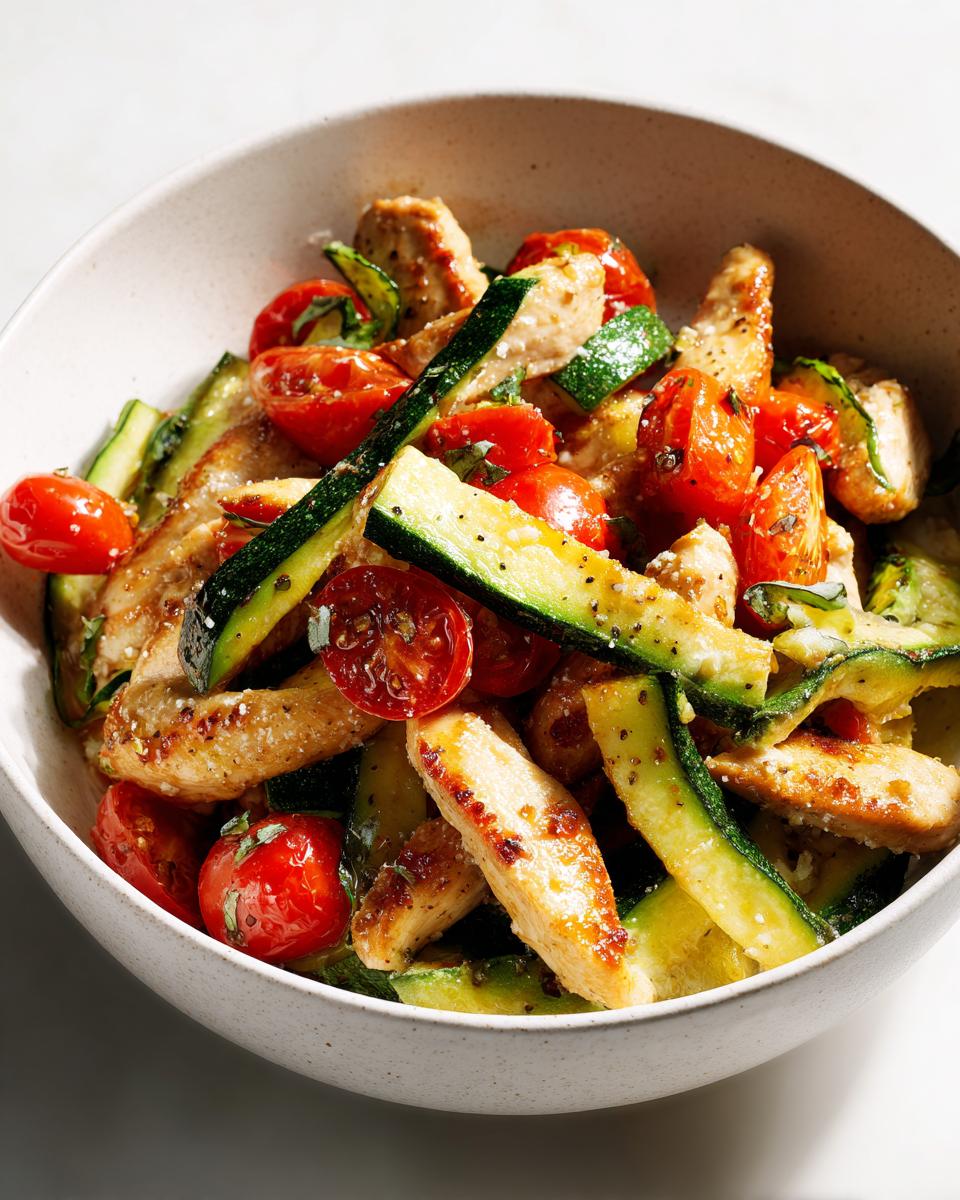 Close-up of Quick Summer Chicken Skillet featuring seared chicken strips, zucchini ribbons, and halved cherry tomatoes in a bowl.