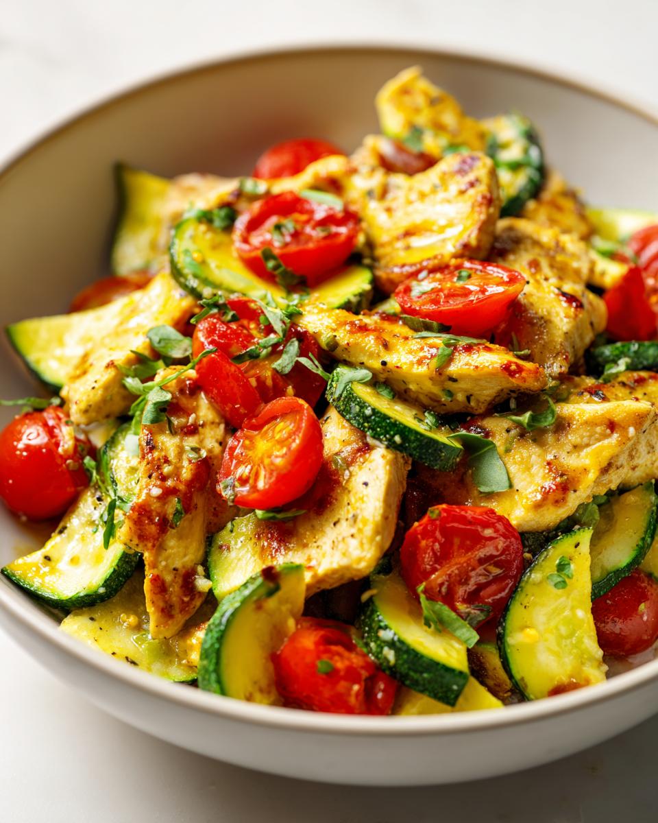Close-up of a bowl filled with Quick Summer Chicken Skillet featuring seared chicken pieces, sliced zucchini, and halved cherry tomatoes.