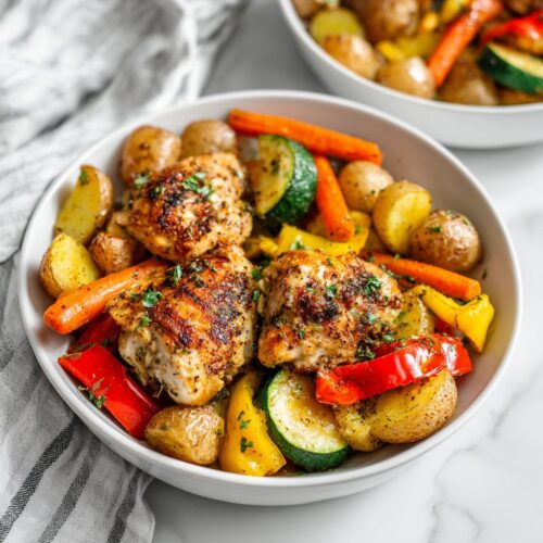 A bowl of roasted chicken thighs served with colorful roasted vegetables, perfect for Summer Dinner Ideas for Family.