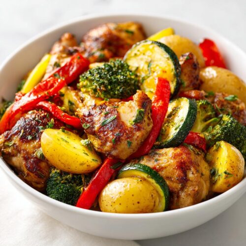 Close-up of a white bowl filled with roasted chicken pieces, new potatoes, zucchini, broccoli, and red peppers—perfect Summer Dinner Ideas Chicken and Veggies.