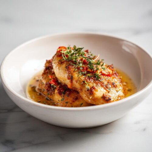 Two golden seared chicken breasts topped with herbs and chili in a white bowl, perfect for Summer Dinner Easy Recipes.